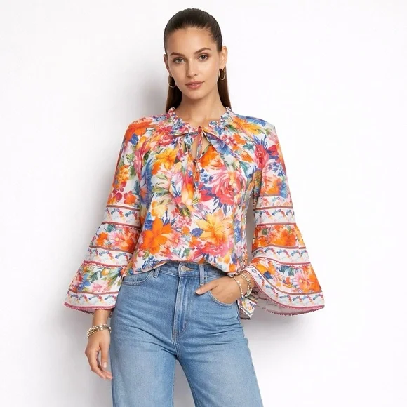 Hale Bob Top Lucinda Pink Orange Blue Floral Bell Sleeve Boho Resort Blouse M - Picture 11 of 15